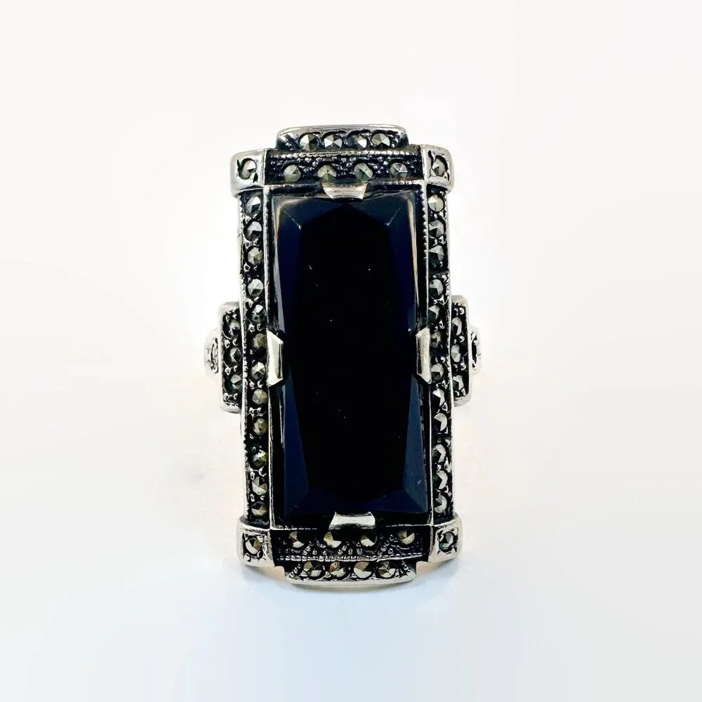 Art Deco Ring, Sterling Silver, Marcasite, Black Stone, Vintage, Antique, Long - Picture 3 of 5
